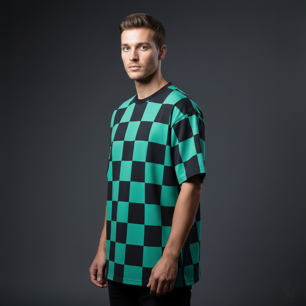 Tanjiro Kamado Green Black Checkered Oversized T-Shirt