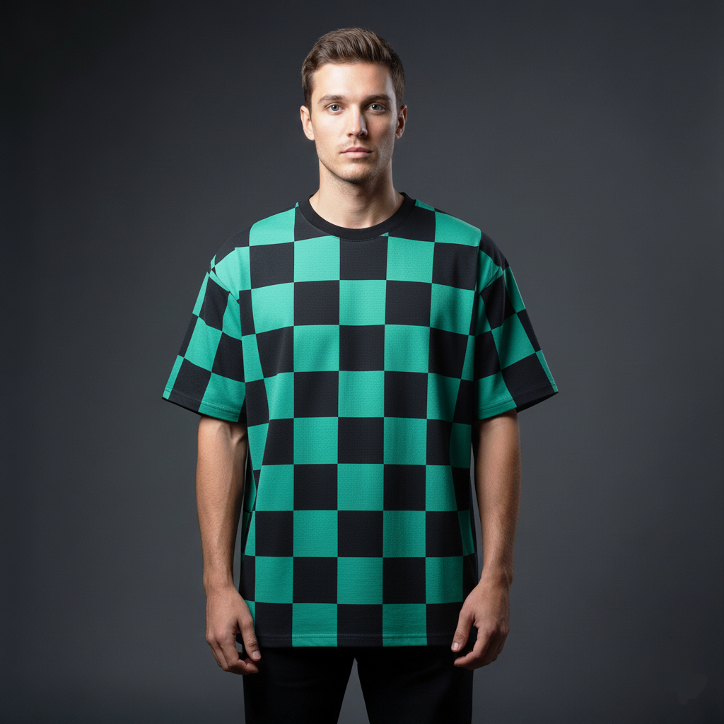 Tanjiro Kamado Green Black Checkered Oversized T-Shirt