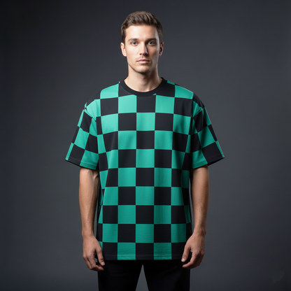 Tanjiro Kamado Green Black Checkered Oversized T-Shirt