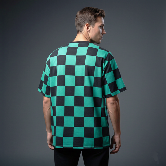 Tanjiro Kamado Green Black Checkered Oversized T-Shirt